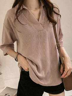 Pink Loose Stripe Shirt V Neck Plus Size Collar Top for Casual Party