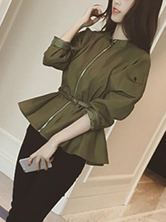 Army Green Loose Stand Collar Long Sleeve Coat for Casual Office