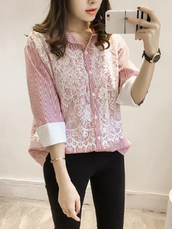 Pink Loose Stripe Lace Shirt Collar Plus Size Top for Casual Office Party