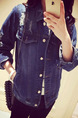 Navy Blue Loose Denim Long Sleeve Collar Buttons Coat for Casual