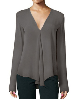 Dark Gray Loose V Neck Shirt Long Sleeve Top for Casual Party Office Evening