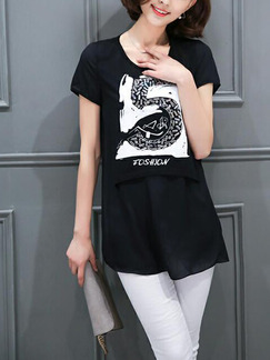 Black Loose Contrast Linking T-shirt Top for Casual Party
