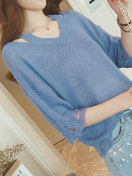 Blue Loose Knitting Holes V Neck Sweater for Casual