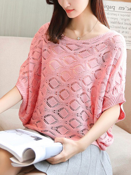 Pink  Loose Knitting Cutout Sweater for Casual Party