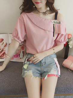 Pink Slim Stripe Off-Shoulder Blouse Plus Size Top for Casual Party