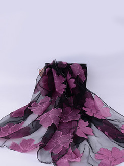 Black and Violet Women Cut Flowers See-Through Polyester Scarves