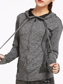 Grey Women Contrast Hooded Drawstring Zipper Gloves Hoodie for Casual Sports Fitness