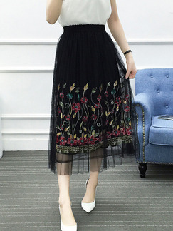 Black Colorful Loose Linking Mesh A-Line Embroidery Adjustable Waist Skirt for Casual Party