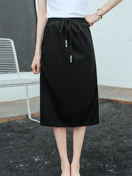 Black Plus Size High Waist Over-Hip Side Stripe Adjustable Waist Band Furcal Back Skirt for Casual