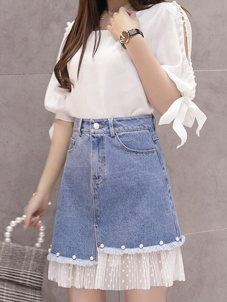 Blue Slim Denim Linking Mesh Skirt for Casual Party