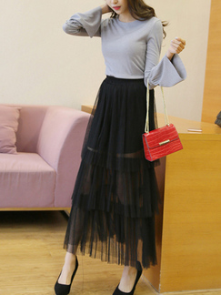 Black Pleated Cake Adjustable Waist Mesh Skirt for Party Evening Semi Formal