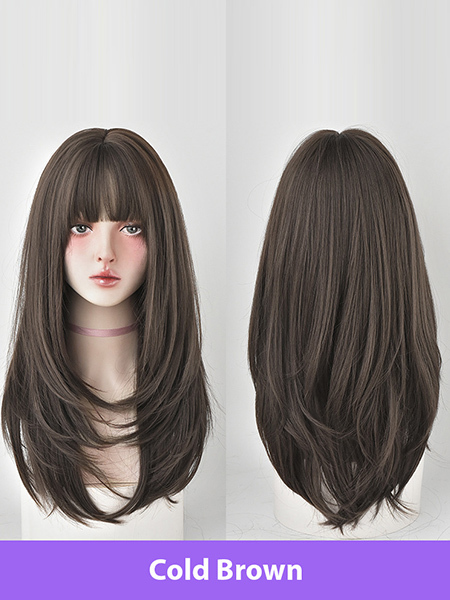 Wig Long Straight Hair Female Korean Style High Temperature Matte Yarn Brown Long Straight Hair Inner Buckle Air Bangs Face Repair Full Headgear