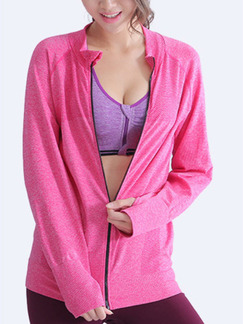 Pink Women Slim Outdoor Sports Stand Collar Zipper Thumb Hole Jacket for Casual Sports Fitness