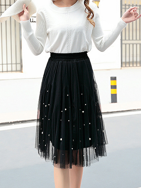 Black Loose A-Line Mesh Bead Adjustable Waist High Waist Skirt for Casual Party