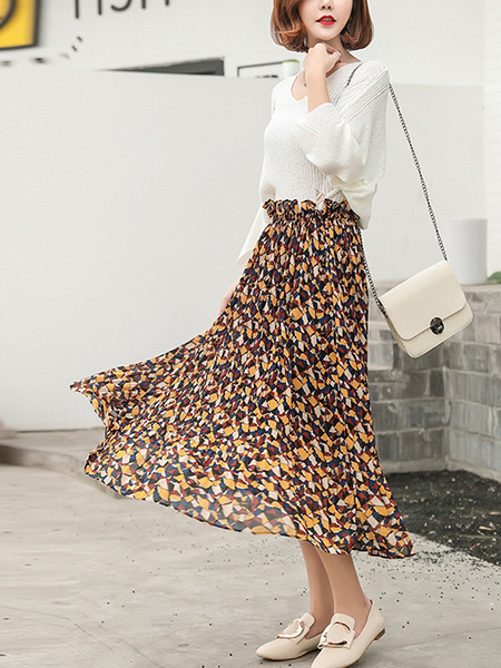 Colorful Chiffon Loose A-Line Printed Laced Adjustable Waist Skirt for Casual