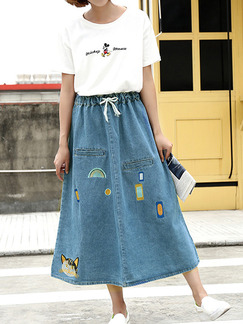 Denim Loose A-Line Adjustable Waist Band Located Printing Skirt for Casual