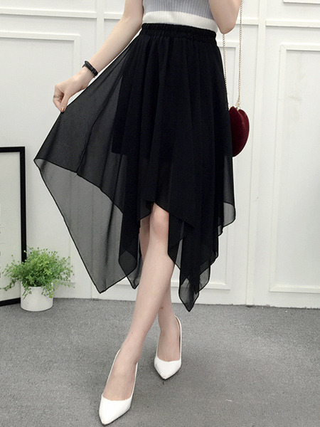 Black Slim Chiffon High Waist Asymmetrical Hem Adjustable Waist Skirt for Casual Party Evening