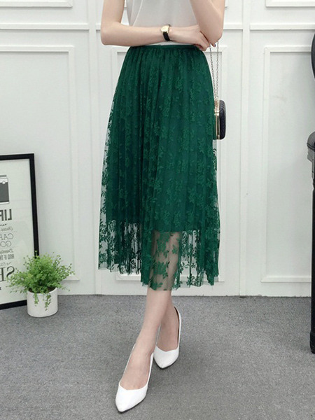 Green Slim A-Line Hook Flower Cutout Lace Adjustable Waist Skirt for Casual