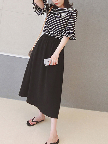 Black Chiffon Loose A-Line Furcal Side Skirt for Casual Office