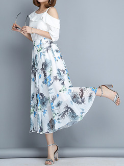 White Colorful Chiffon Loose A-Line Printed Adjustable High Waist Double Layer Skirt for Casual Party Beach