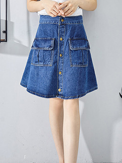 Blue Denim Slim A-Line High Waist Pockets Single-Breasted Skirt for Casual