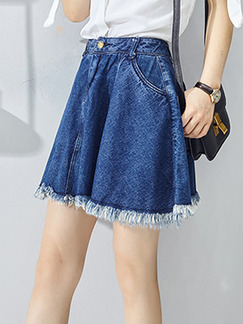 Blue Denim Slim A-Line High Waist Tassel Skirt for Casual