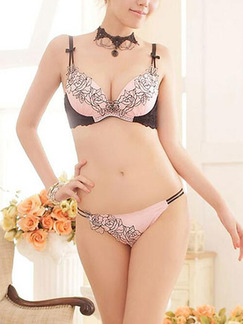 Pink and Black Linking Lace Embroidery Gather Bikini Polyester and Elasticity Underwear