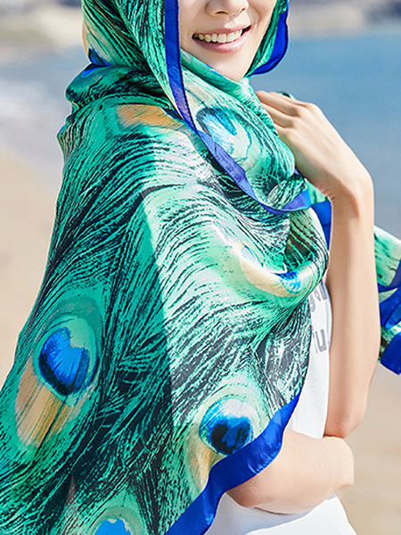 Blue and Green Long Printed Sun Protection Polyester Scarf