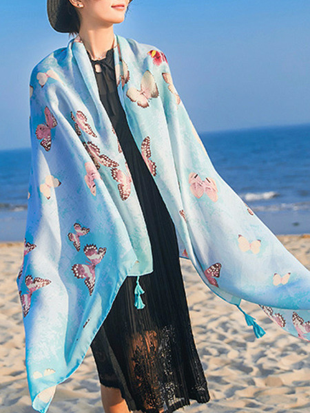 Blue Long Printed Hang Beard Sun Protection Polyester Scarf