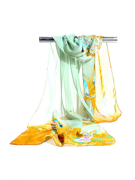 Green and Yellow Printed Chiffon Polyester Scarf