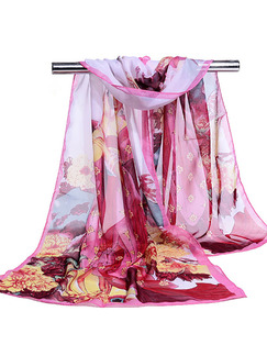 Pink Yellow and White Printed Chiffon Polyester Scarf