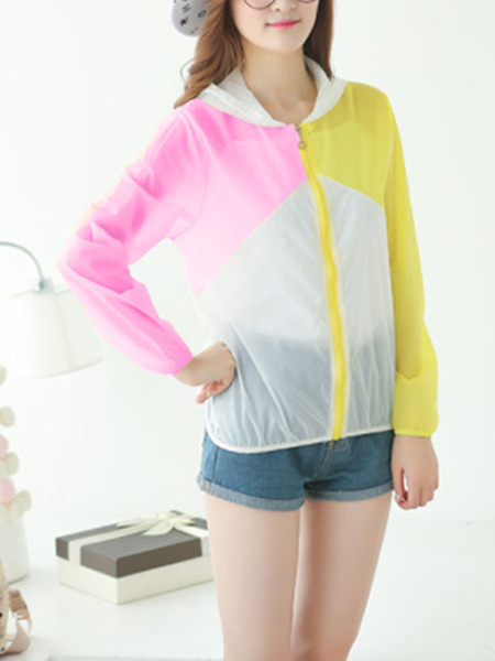 Yellow Pink and White Contrast Linking Hooded See-Through Sun Protection Long Sleeve Coat for Casual Beach