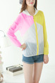 Yellow Pink and White Contrast Linking Hooded See-Through Sun Protection Long Sleeve Coat for Casual Beach