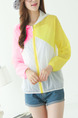 Yellow Pink and White Contrast Linking Hooded See-Through Sun Protection Long Sleeve Coat for Casual Beach