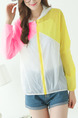 Yellow Pink and White Contrast Linking Hooded See-Through Sun Protection Long Sleeve Coat for Casual Beach