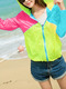 Green Pink and Blue Contrast Linking Hooded See-Through Sun Protection Long Sleeve Coat for Casual Beach