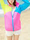 Yellow Pink and Blue Contrast Linking Hooded See-Through Sun Protection Long Sleeve Coat for Casual and Beach