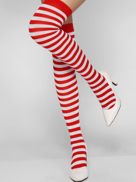 Red and White Contrast Stripe Blending Stockings