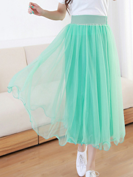 Green Chiffon A-Line Pleated Double Mesh Ruffle Hem Adjustable Waist Skirt for Casual Party