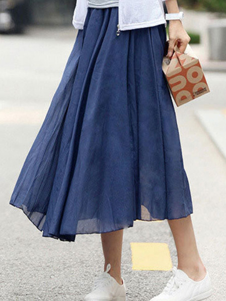 Blue Loose Pleated A-Line Full Skirt Adjustable Waist Skirt for Casual Party
