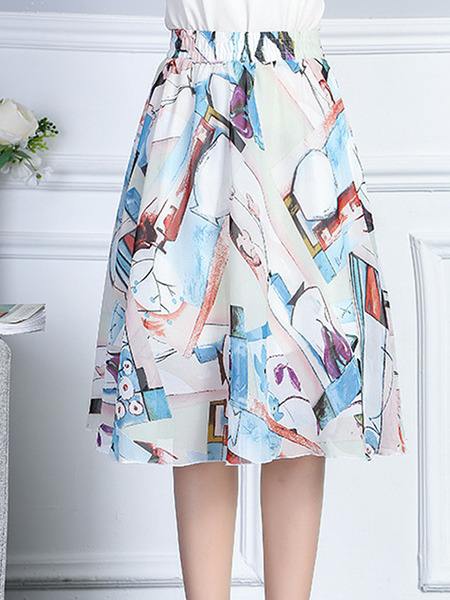 Colorful Chiffon A-Line Printed Pleated High Adjustable Waist Double Layer Skirt for Casual Party