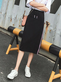Black Slim Stripe Side Band Knee Length Skirt for Casual Sporty