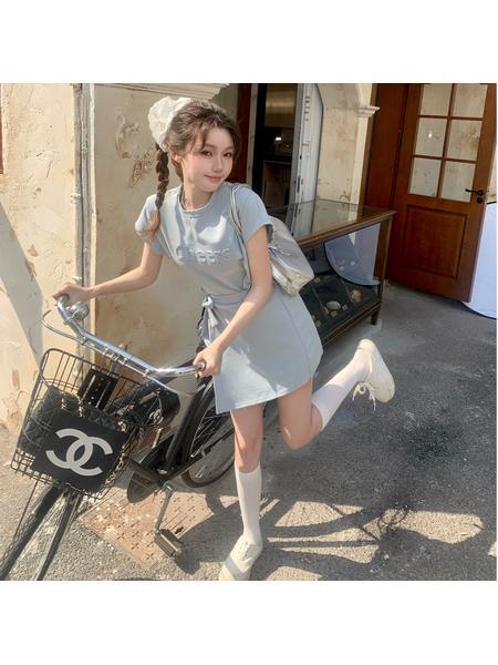 Light Blue Real Shot Cost-Effective Korean Style Gentle Elegant Lace-up Apron 3D Three-Dimensional Letter Relief Waist Slimming Dress Women