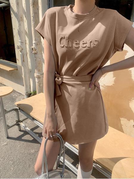 Beige Real Shot Cost-Effective Korean Style Gentle Elegant Lace-up Apron 3D Three-Dimensional Letter Relief Waist Slimming Dress Women