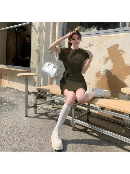 Olive Green Real Shot Cost-Effective Korean Style Gentle Elegant Lace-up Apron 3D Three-Dimensional Letter Relief Waist Slimming Dress Women