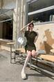 Olive Green Real Shot Cost-Effective Korean Style Gentle Elegant Lace-up Apron 3D Three-Dimensional Letter Relief Waist Slimming Dress Women