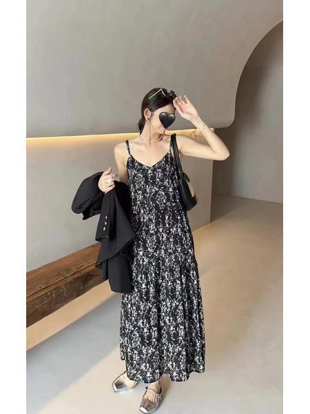 Black Printed Chiffon Sling Dress Korean Chic Lady Loose All-Matching