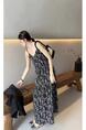Black Printed Chiffon Sling Dress Korean Chic Lady Loose All-Matching