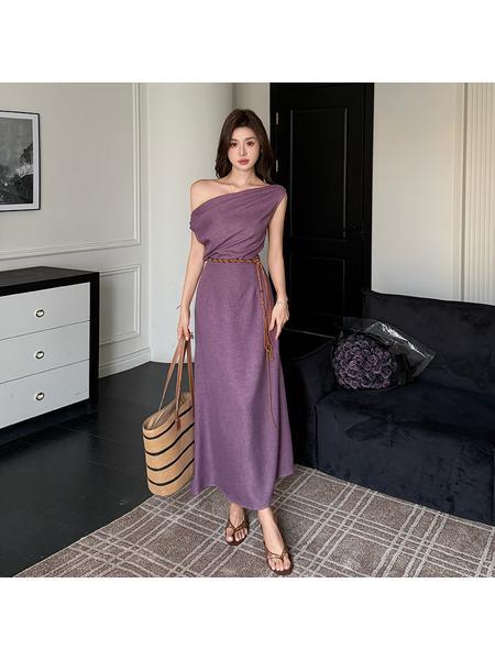 In Stock! 2025 Summer New Purple Chinese Style Oblique Shoulder Swing Collar Dress Female Temperament Waist-Slimming Long Dress