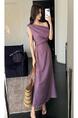 In Stock! 2025 Summer New Purple Chinese Style Oblique Shoulder Swing Collar Dress Female Temperament Waist-Slimming Long Dress
